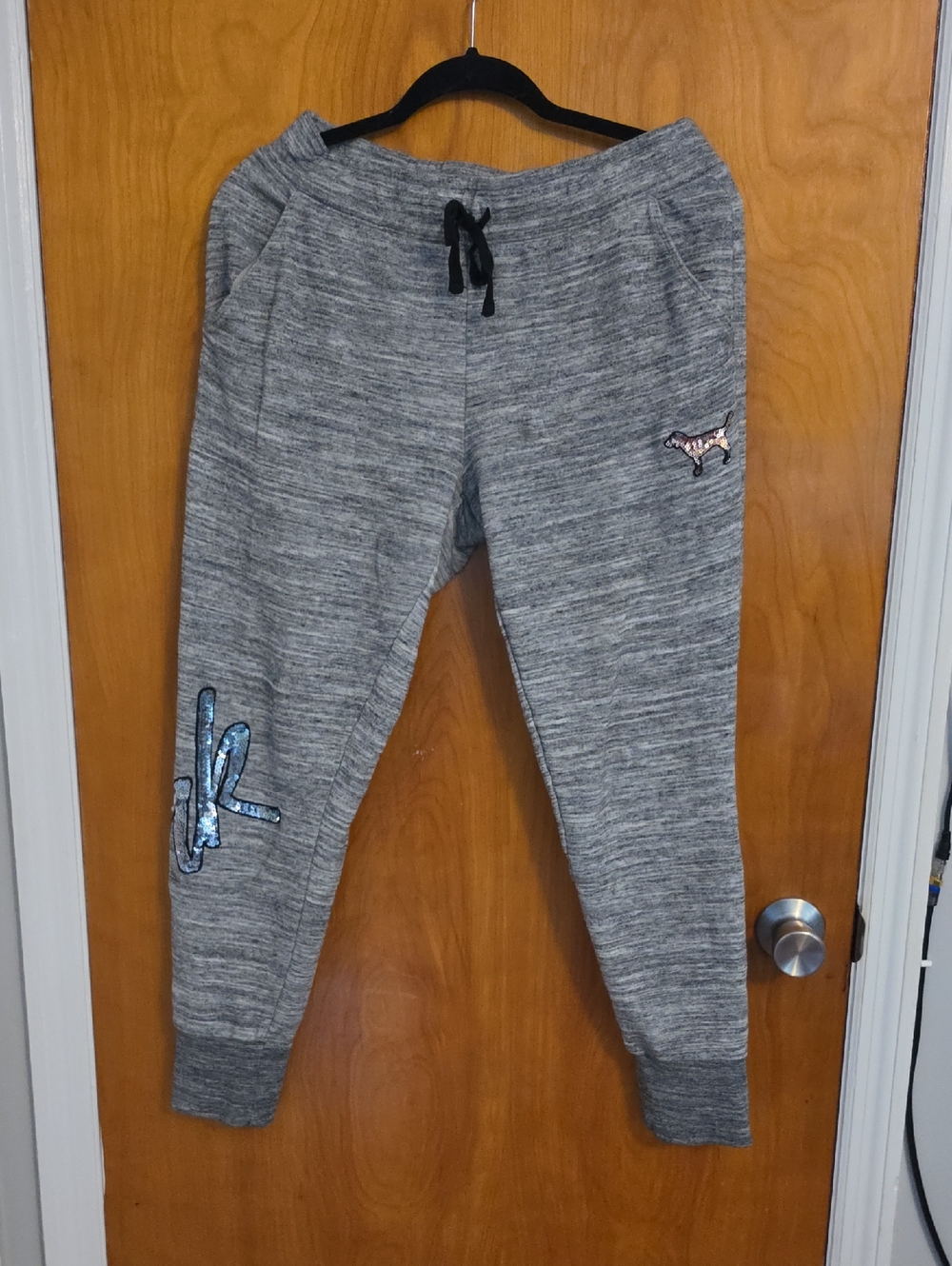 PINK Victoria's Secret Gray Heather Joggers with Sequin Patches